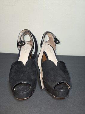 Kate Spade Perry Black Suede Peep-Toe Heels with Scalloped Vamp